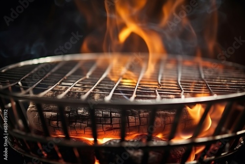 Barbecue grill with burning flames closeup photo. Grilling culinary food roasting flaming grate. Generate ai