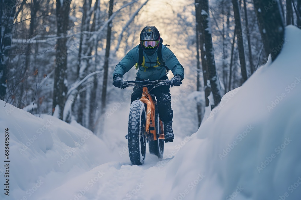 a man rider riding a fat bike bicycle in snow covered road trail in cold frosty winters