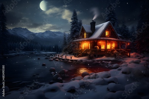 a small cozy wooden house covered with snow in winters © DailyLifeImages