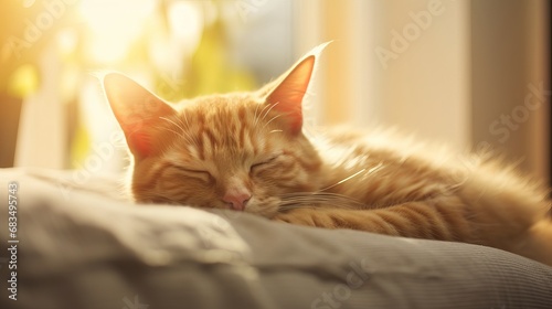 Peaceful Orange Tabby Cat Enjoying a Nap on a Gray Blanket in a Sunlit Room