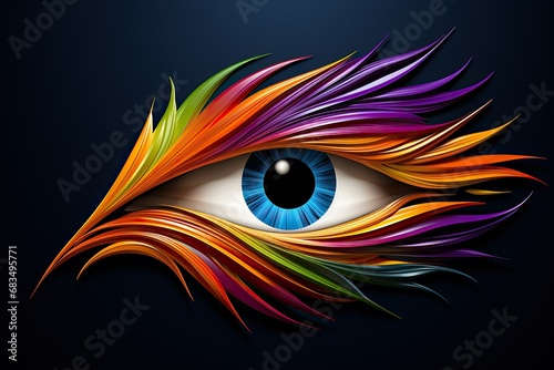 A colorful, stylized image of eyes with flowing feathers in a spectrum of rainbow hues
