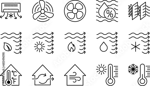 Ventilation Vector Line Icons with Air Conditioning, Air Cooling, Fan, Humidity, Air Circulation, and Ventilation.