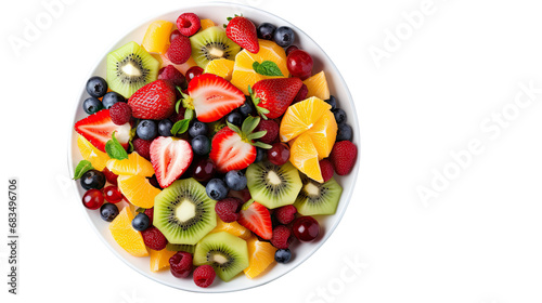 Top view Bowl of healthy Fresh fruit Salad on white plate. Isolated on Transparent background.