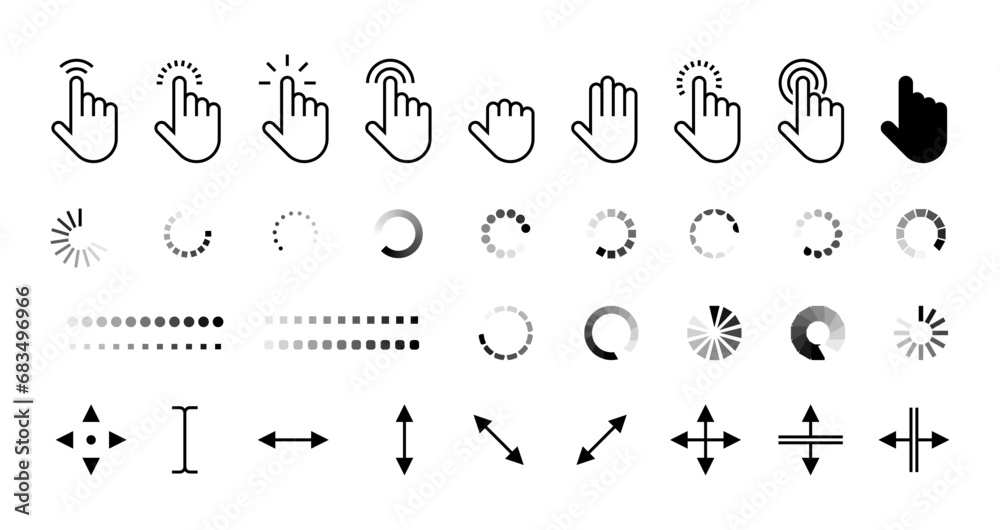 Pointer and loading icons. Computer cursor arrow and loading sign, click and wait symbol, web address and thumb pointing. Vector isolated set of mouse pointer computer, cursor hand illustration - obrazy, fototapety, plakaty 