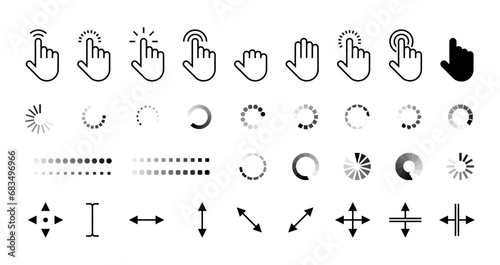 Pointer and loading icons. Computer cursor arrow and loading sign, click and wait symbol, web address and thumb pointing. Vector isolated set of mouse pointer computer, cursor hand illustration