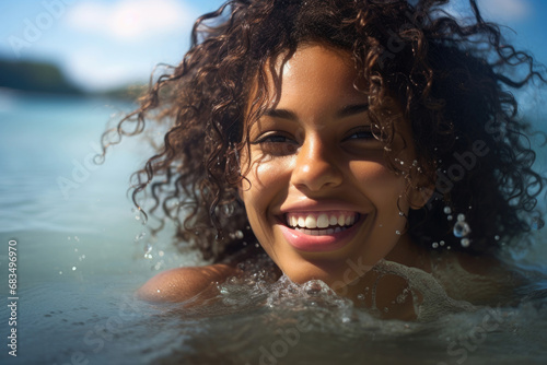 Young smiling woman in the water on the Caribbean coast