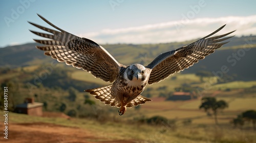 Majestic Falcon Soaring Over Countryside Landscape