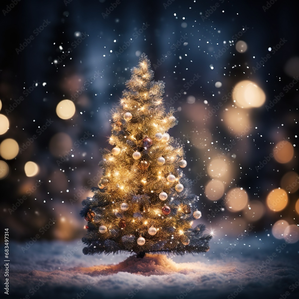 Christmas tree with illumination and snow blurred background - Generative AI Christmas tree with illumination and snow blurred background - Generative AI