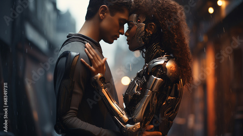 young man and woman hugging, love between human and cyborg