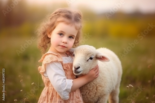 Small girl lamb meadow. Grass field lamb sheep wool. Generate Ai