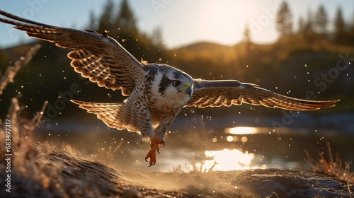 Rescued Falcon Soaring Over Lake at Sunset photo