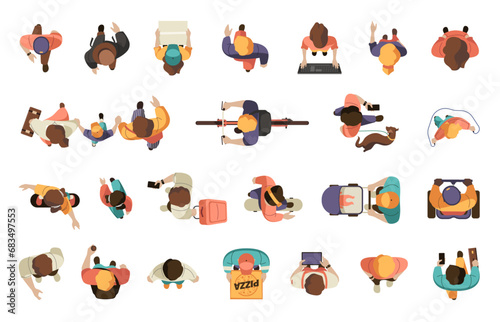 People view from above. People from air. Cartoon characters from air, persons on bike, woman with baby, man on scooter, teen on skateboard. Vector isolated set of movement community illustration