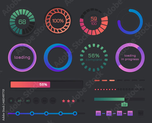 Loading bar ui. User interface progress indicator, mobile phone web page download, software upload status, battery charge indicator. Vector web page loading set of progress interface bar illustration