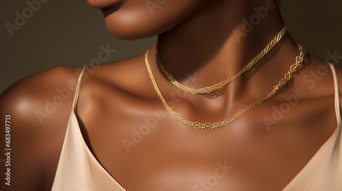 model wearing a silk top with low neckline and gold, luxurious, delicate necklace