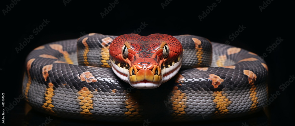 Front view Attacking viper snake on black background, close up reptile sneaky, slimey and sly Snake head Photo Series. Generative ai Front view Attacking viper snake on black background, close up reptile sneaky, slimey and sly Snake head Photo Series. Generative ai