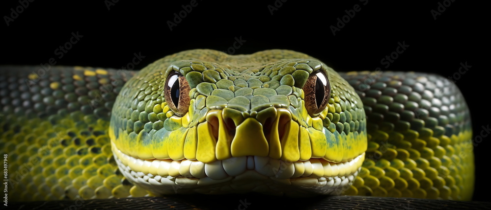 Front view Attacking Morelia viridis snake on black background, close ...