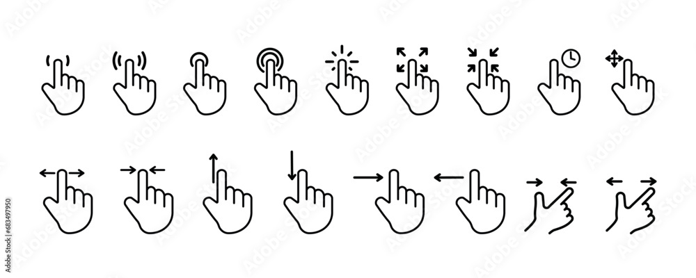 Mouse click cursor set. Hand cursor. Click or swipe the icon. Set of mouse pointers. Arrow cursor. Click or swipe the pointer icon. Clicking and dragging the cursor to different sides of the screen Ve