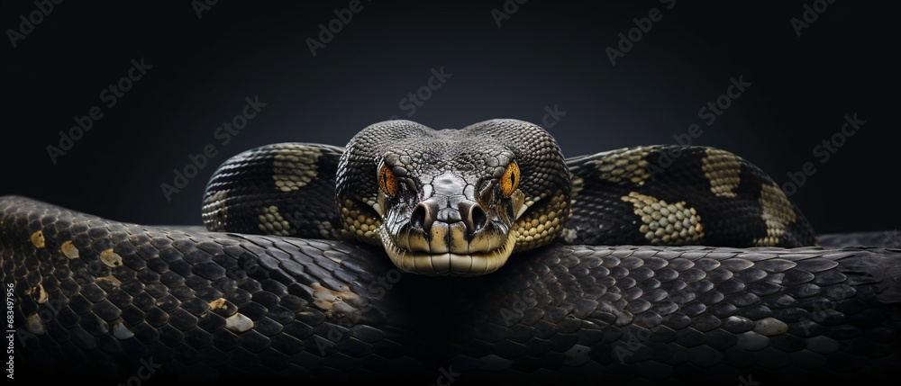 Fototapeta premium Front view Attacking viper snake on black background, close up reptile sneaky, slimey and sly Snake head Photo Series. Generative ai