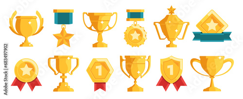 Golden trophy and awards icons. Competition achievement medal flat design, trophy cup and medal ribbons for award ceremony concept. Vector set of achievement award competition illustration