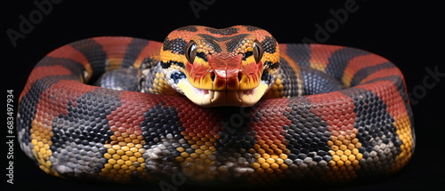 Front view Attacking viper snake on black background, close up reptile sneaky, slimey and sly Snake head Photo Series. Generative ai photo