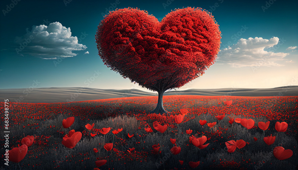 Herz als Baum Baumkrone in Herzform zu Valentinstag Tag der Liebe Karte Grußkarte Vorlage Kartenmotiv Mohnfeld Mohnblumen Generative AI - obrazy, fototapety, plakaty 