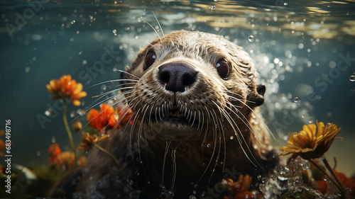 Fur seal underwater with flowers photo