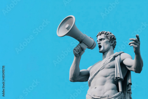 A statue of a man with a megaphone in his mouth on solid blue background. ai generative photo