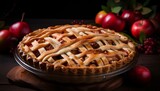 Mouthwatering homemade apple pie with a golden, flaky crust on a charming rustic wooden background