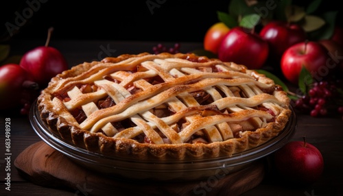 Mouthwatering homemade apple pie with a golden, flaky crust on a charming rustic wooden background