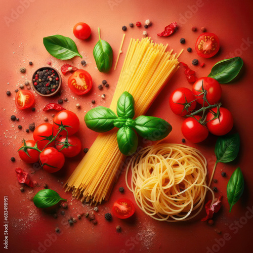 Beautiful background with spaghetti noodles, tomatoes and basil with pepper on a beautiful red background. ai generative
