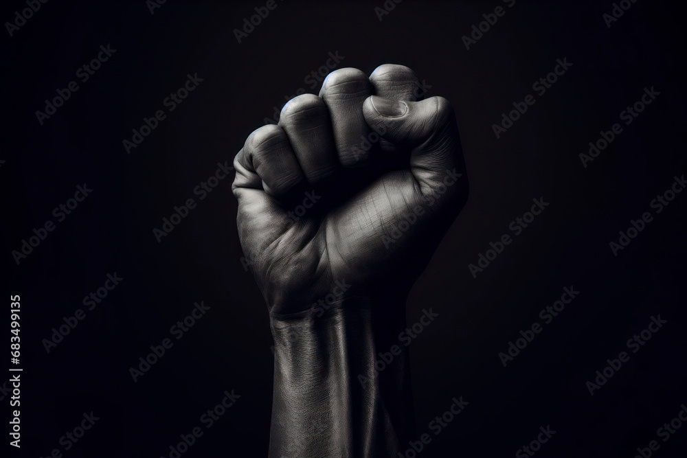 Fototapeta premium Closed Fist on a Black Background with Copy space, Symbol of Protest. ai generative