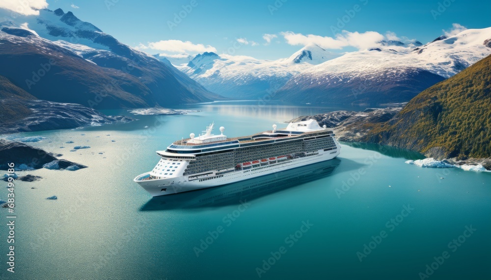 Spectacular views of large cruise ship sailing through northern seascape with glaciers - obrazy, fototapety, plakaty 