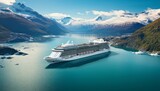 Spectacular views of large cruise ship sailing through northern seascape with glaciers