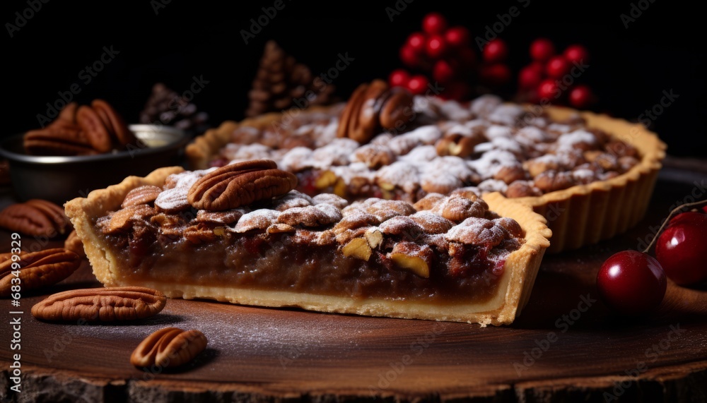 Homemade pecan pie on rustic wooden background, ideal for autumn gatherings and festive occasions Homemade pecan pie on rustic wooden background, ideal for autumn gatherings and festive occasions