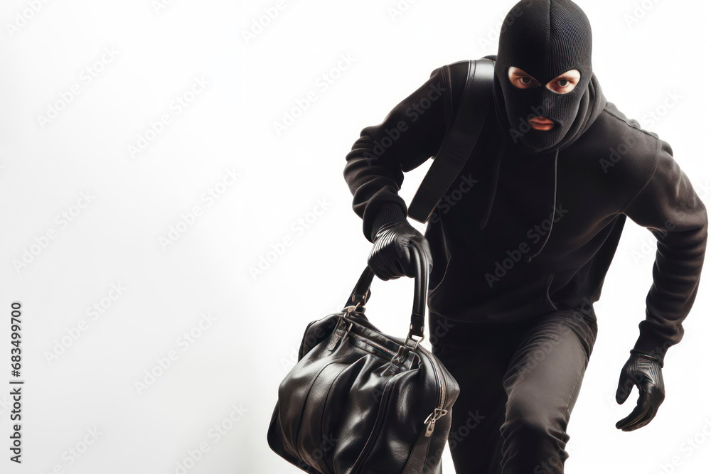 Thief in mask dressed in black on the run with stolen bag isolated on white background. ai generative