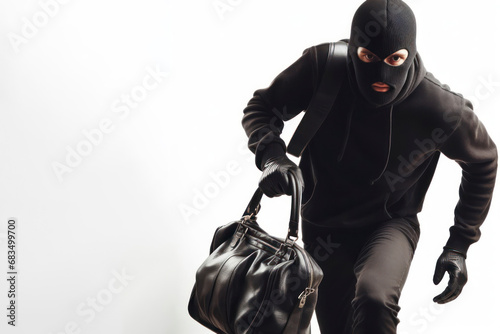 Thief in mask dressed in black on the run with stolen bag isolated on white background. ai generative photo