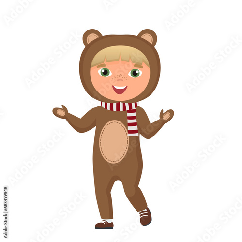 Christmas kids teddy bear costume. Winter party  holiday children carnival vector cartoon illustration
