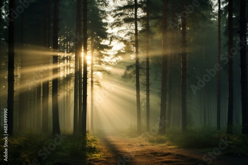 Enchanting misty forest with sunbeams and ethereal rays of sunlight streaming through the trees
