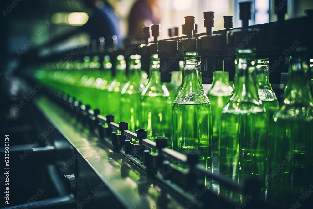 Efficient automated machinery filling beverages into glass bottles at a modern production facility