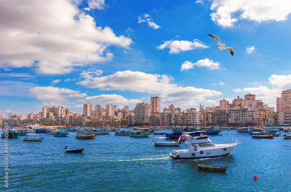 View on the coast of Alexandria, typical buildings and the Mediterranean sea of Egypt