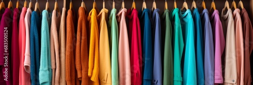 Vibrant assortment of fashionable clothes hanging on a clothing rack in a colorful closet