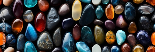 colorful stones background, top view, panoramic image.