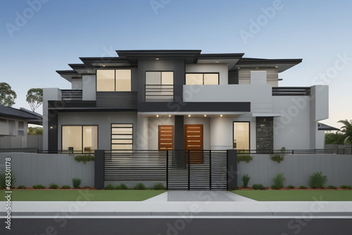 The front view or outer appearance of a newly constructed two story residence that features a contemporary design inspired by Australian architecture ai generated