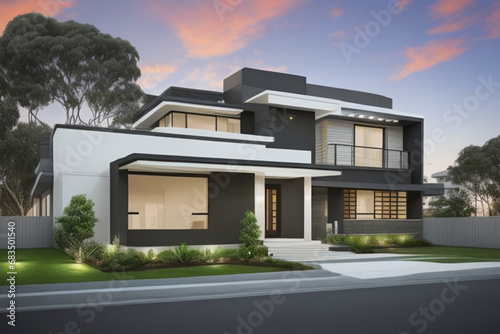 The front view or outer appearance of a newly constructed two story residence that features a contemporary design inspired by Australian architecture ai generated photo