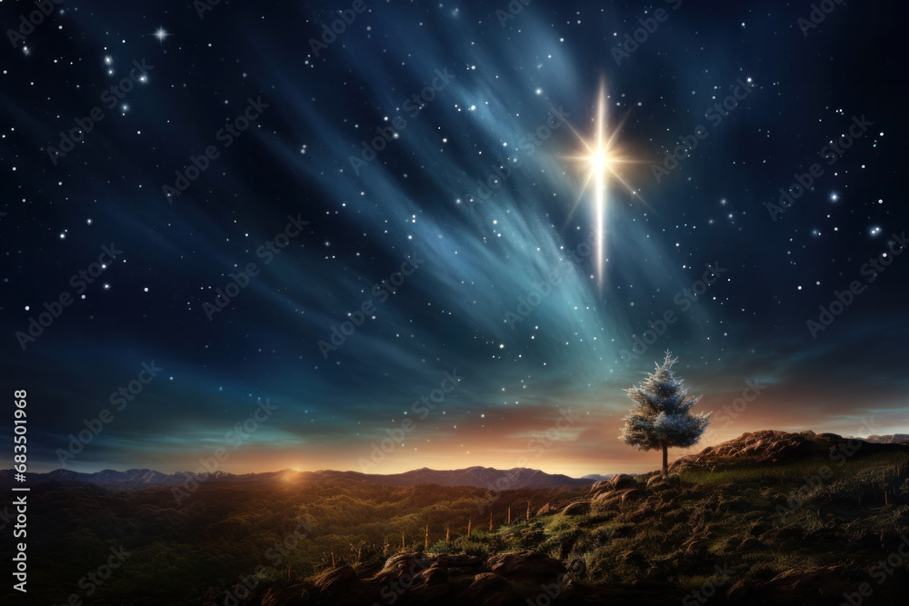 The star shines over the manger of Christmas of Jesus Christ. - obrazy, fototapety, plakaty 