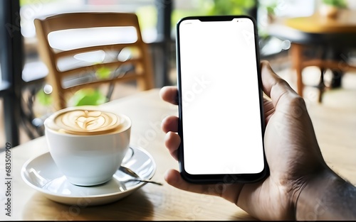 Realistic models smartphone with white screens in a row, Smartphone mockup collection, mockup of blank screen cell phone with space for advertising text at office, coffee shop background, mock up 