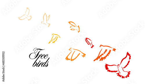 A flock of colored birds. hand drawing. Not AI, Vector illustration