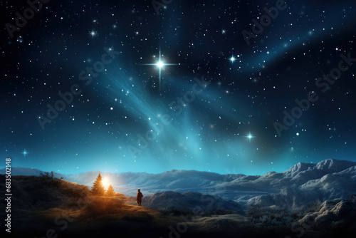 The star shines over the manger of Christmas of Jesus Christ. photo