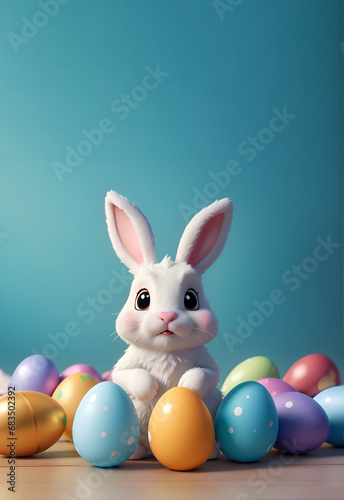 Cute Easter bunny and eggs with copy space