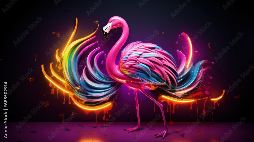 Fototapeta premium a flamingo standing in front of a dark background with colorful streaks of paint on it's back legs.